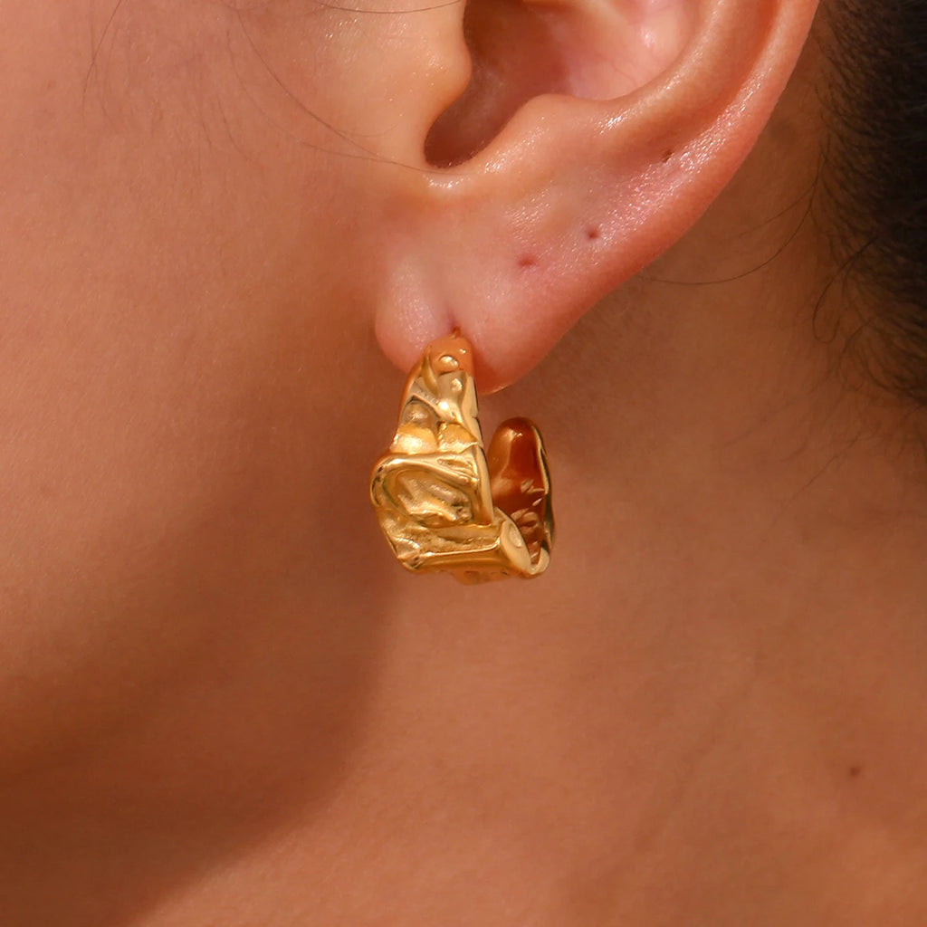 E.B.belle Casting Mould Irregular Wrinkle C Shaped Gold Plated Hoop Earrings For Women Stainless Steel Earrings