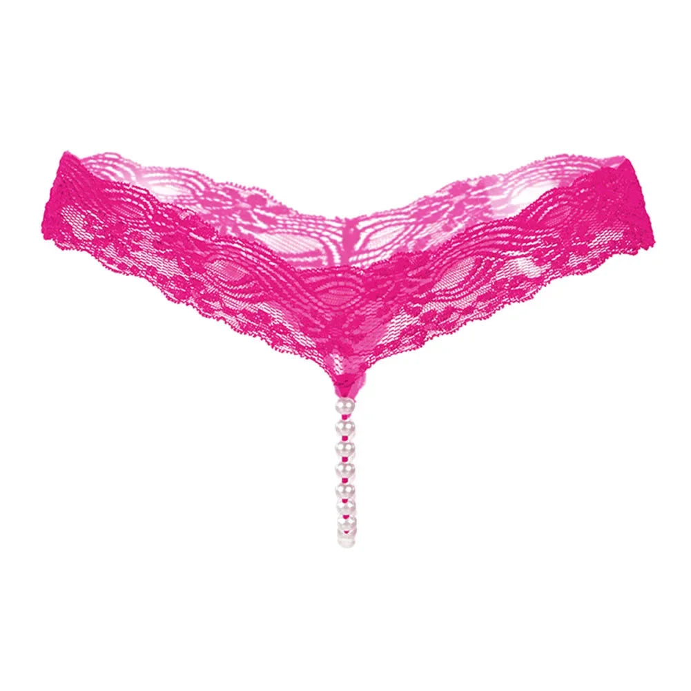 Women's G-String T-Back Thong Lingerie with Pearl Crotch Massage Panties, Sexy Lace Transparent Underwear, Enhanced T-Back String