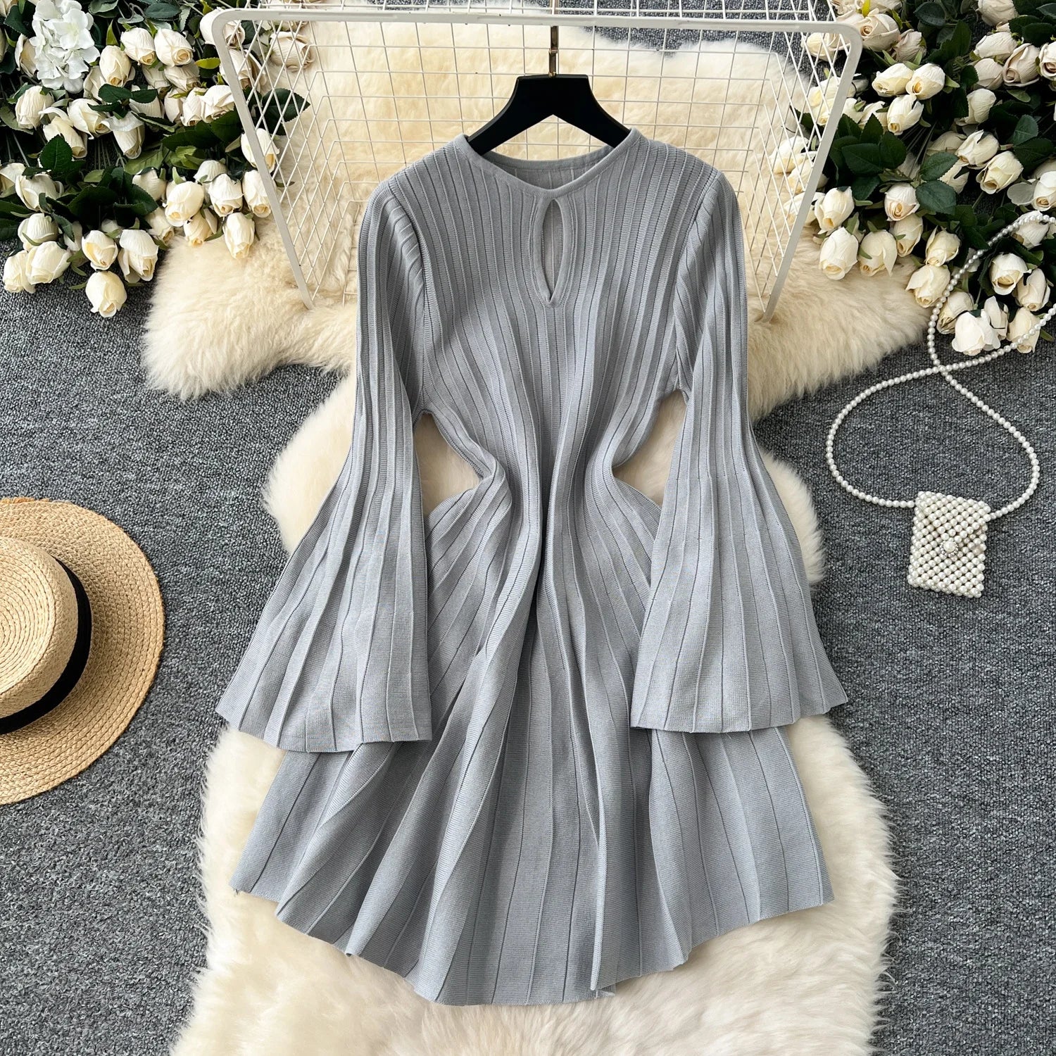 Ele Knitted Dr Hollow out round Ne Bell Sve A-Line Sweater Dr High Waist Slimming Midi Dr Autumn Faion