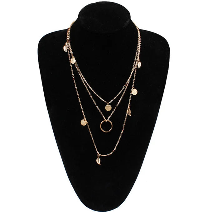 Hot Fashion Gold Color Chain Leaves Multi Layer Choker Necklace Geometric Round Necklace For Women Collier Femme Jewelry Gift