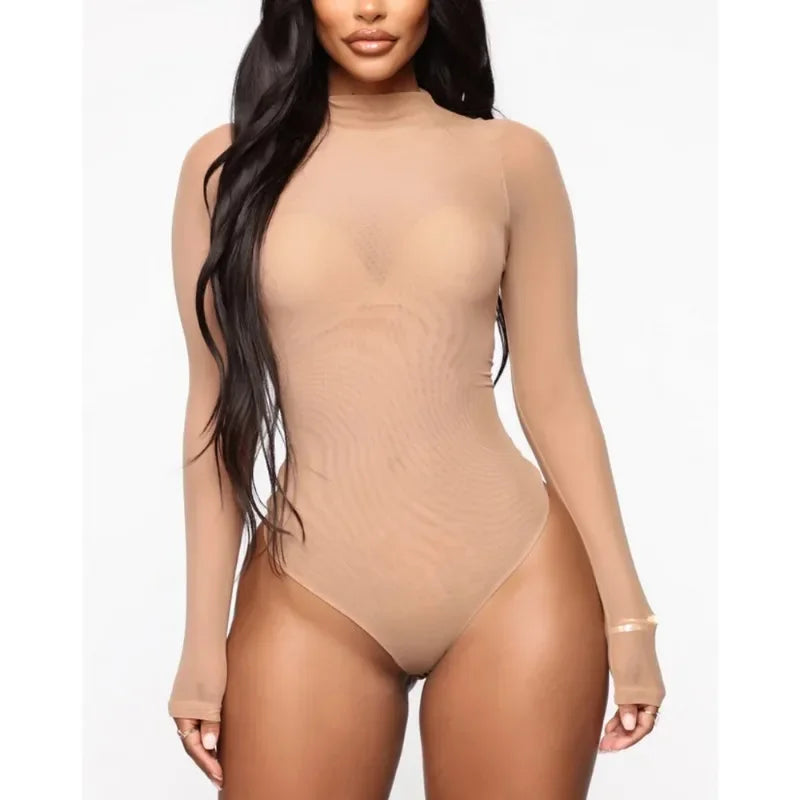 Sexy Mesh See-Through Bodysuit Women Long Sleeve Sheer Bodysuits High Neck Bodycon Jumpsuit See-Through Romper