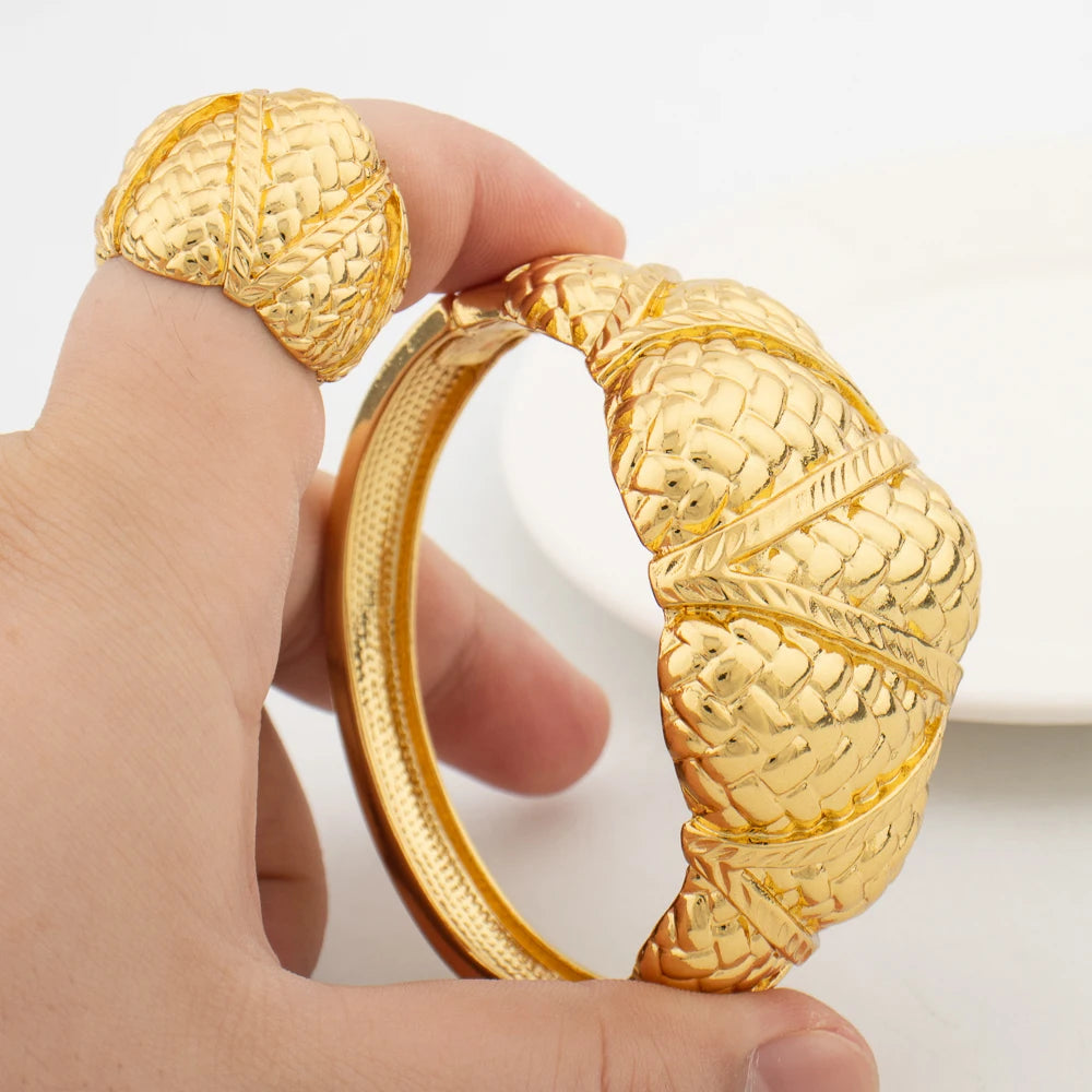 Dubai Bracelet Ring Set for Women, Luxury Gold Color Cuff Bangles, Female Luxury Jewelry Sets, Jewellery Accessory