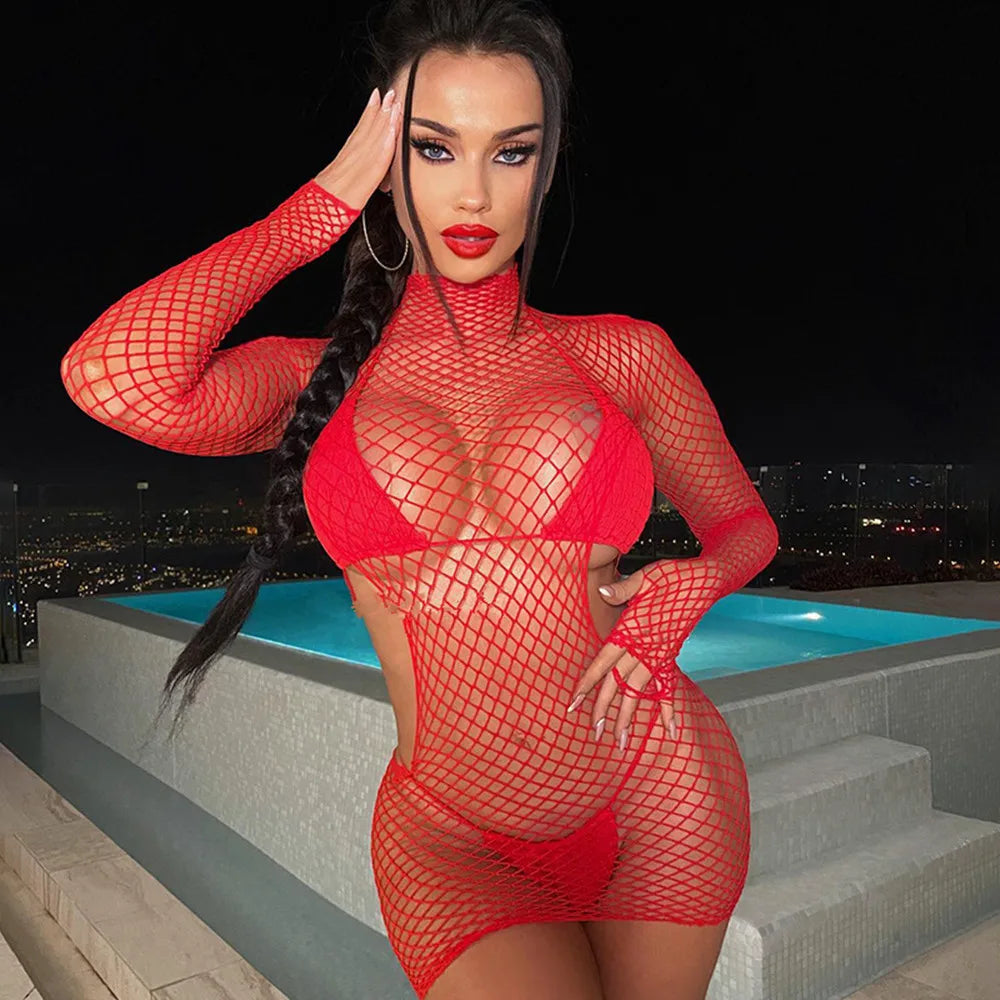 Sexy Female Dress Women's Fashion Beach Wear Sex Sleepwear Long Sleeve Fishnet Short Net Skirt Erotic Backless Bodycon Dress