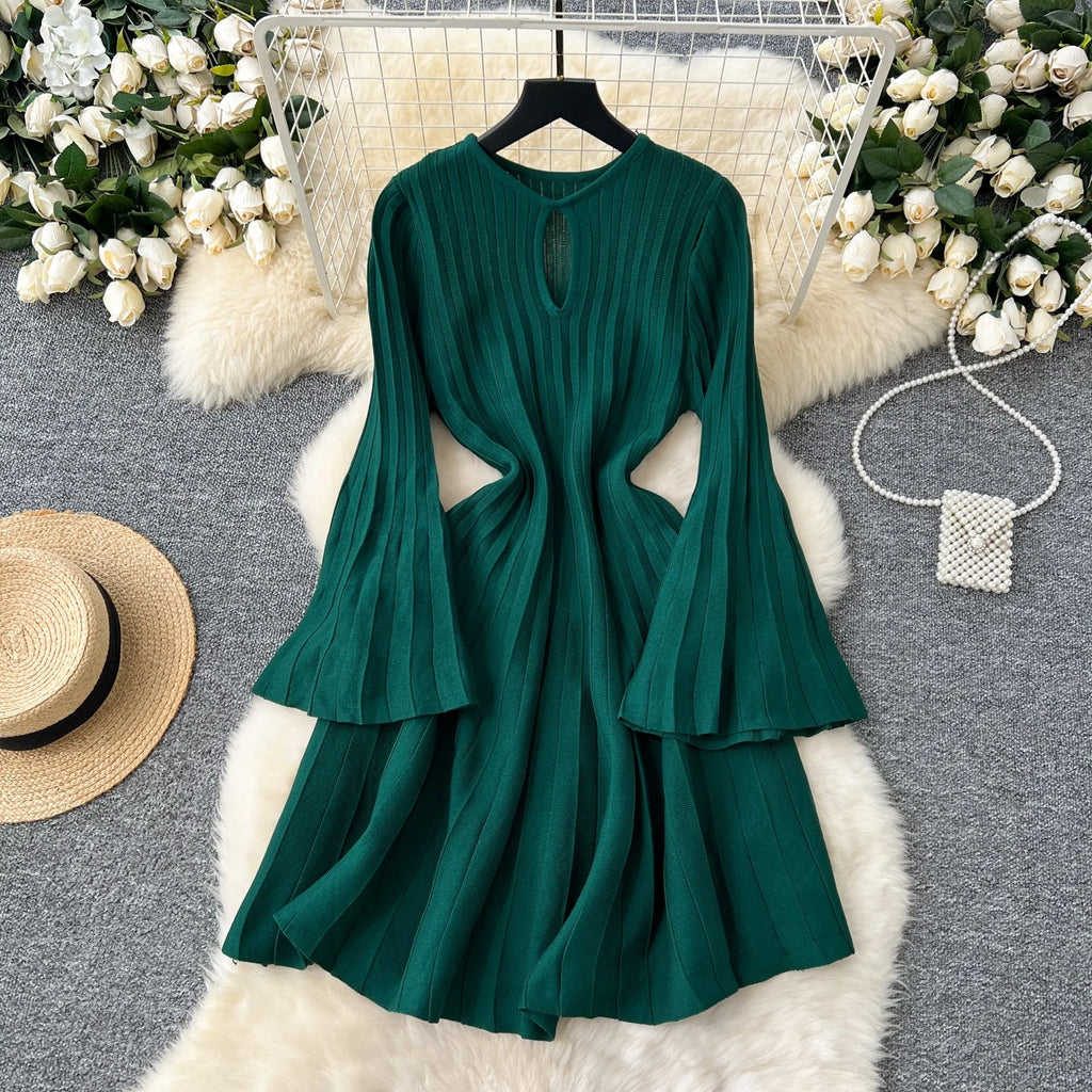 Ele Knitted Dr Hollow Out Round Neck Bell Sleeve A-Line Sweater Dress High Waist Slimming Midi Dress Autumn Fashion