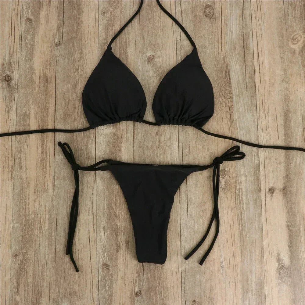 Women's Thong Bikini Set Side Tie Sexy Swimsuit Bandage Style Brazilian Swimwear Bikini 2022 Woman Solid Color Beach Swimwear