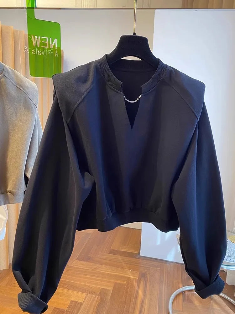 Plus Size 300 Pou Design Sense Casual V-Neck Sweatshirt Women Early Autumn Loose Shoulder Pad Top Streetwear