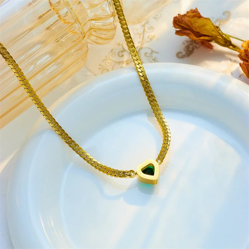 MEYRROYU 316L Stainless Steel Simple Necklace Green White Zircon Pendant Collar For Women Jewelry Collier Acero Inoxidable Mujer