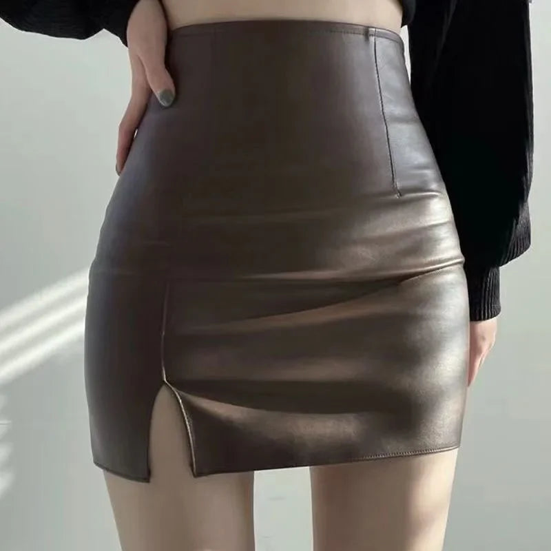 Smvp Black PU Leather Mini Skirt Women Sexy Skinny High Waist Side Split Hip Skirts Autumn New Korean Office Lady Short Skirt