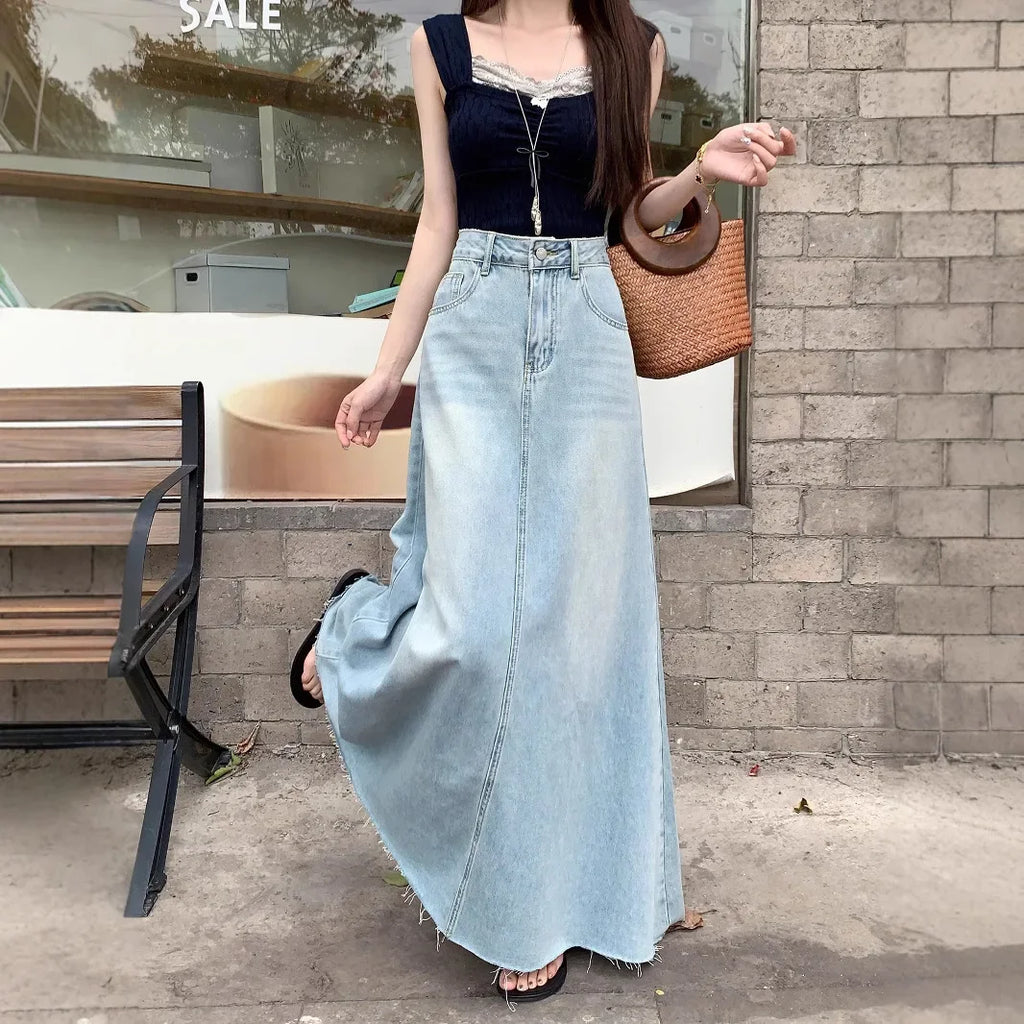 American Retro Torn Denim Mini Skirt Women's Spring New Large Size Long A- Line Loose Slimming Bodycon Skirt