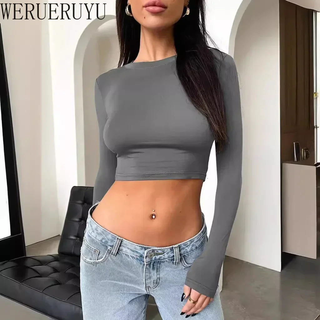 Long Sleeve Crop Top White T-shirts Women's Y2k Clothes Spring Winter Fashion Solid Color Sexy Tight Short T-shirt for Women 2025