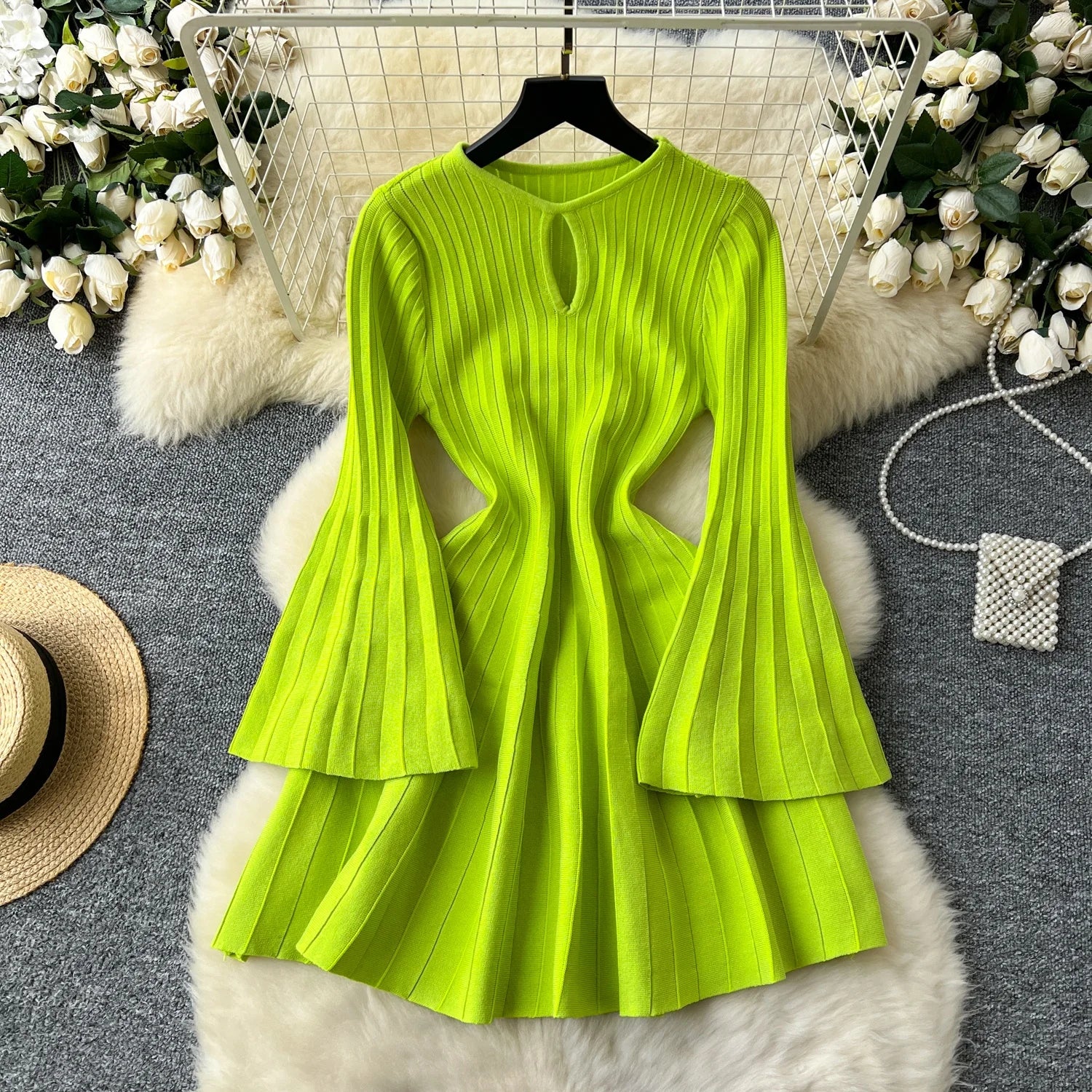 Ele Knitted Dr Hollow out round Ne Bell Sve A-Line Sweater Dr High Waist Slimming Midi Dr Autumn Faion