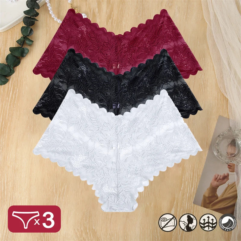 3PCS Women Sexy Lace Panties Floral Perspective Uderwear Solid Color Intimates Boyshort Female V-Waist Breathablle Soft Lingerie