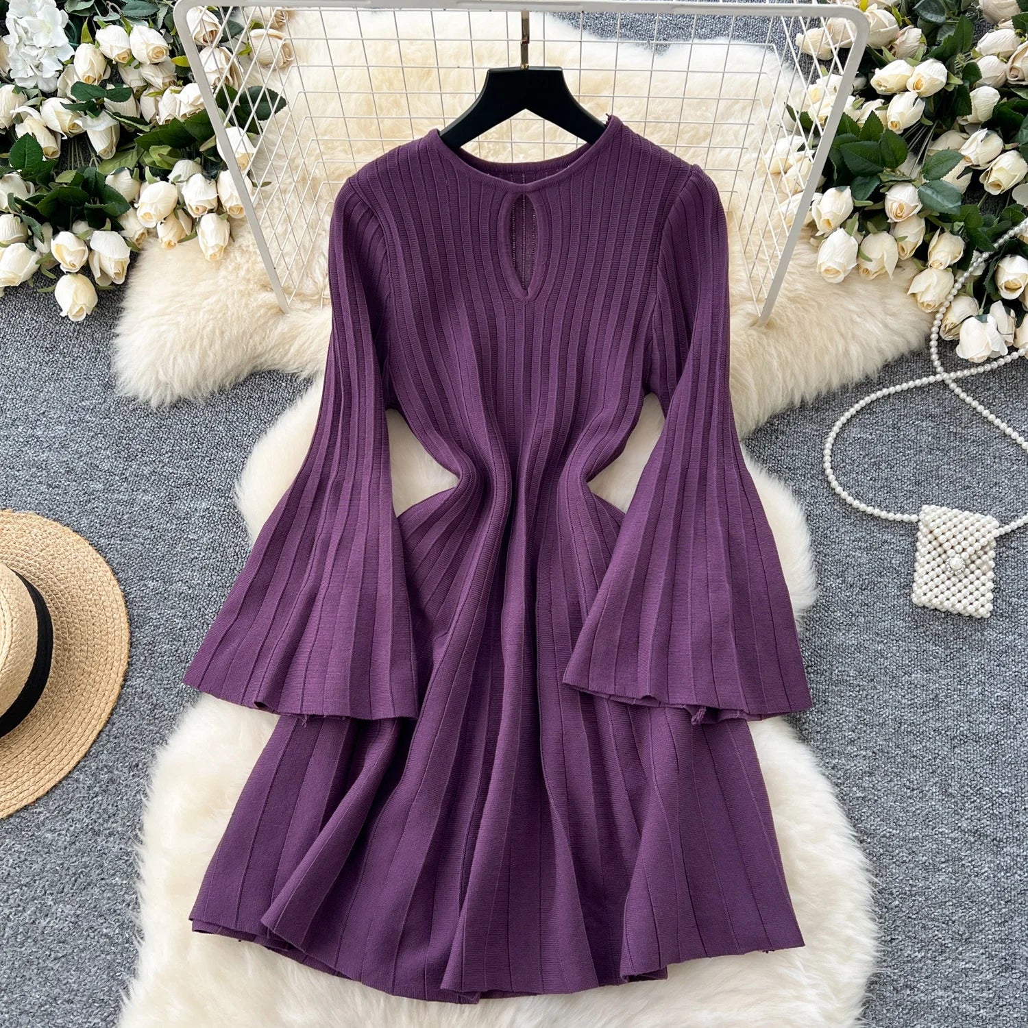 Ele Knitted Dr Hollow out round Ne Bell Sve A-Line Sweater Dr High Waist Slimming Midi Dr Autumn Faion