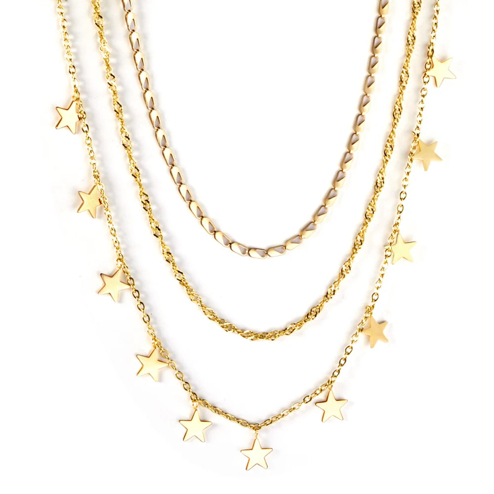 LUXUKISSKIDS Triple Chain Necklace For Women Collar Statement Necklaces Chain Bohemia Luxury Jewelry For Party Little Star Charms