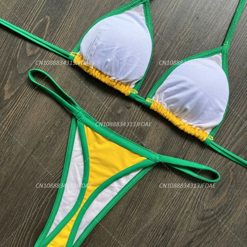 Sexy Embroidery Brazil Flag Contrast Split Bikini Set Women Swimwear Patchwork Swimsuit Hottie Outfit Summer Beachwear