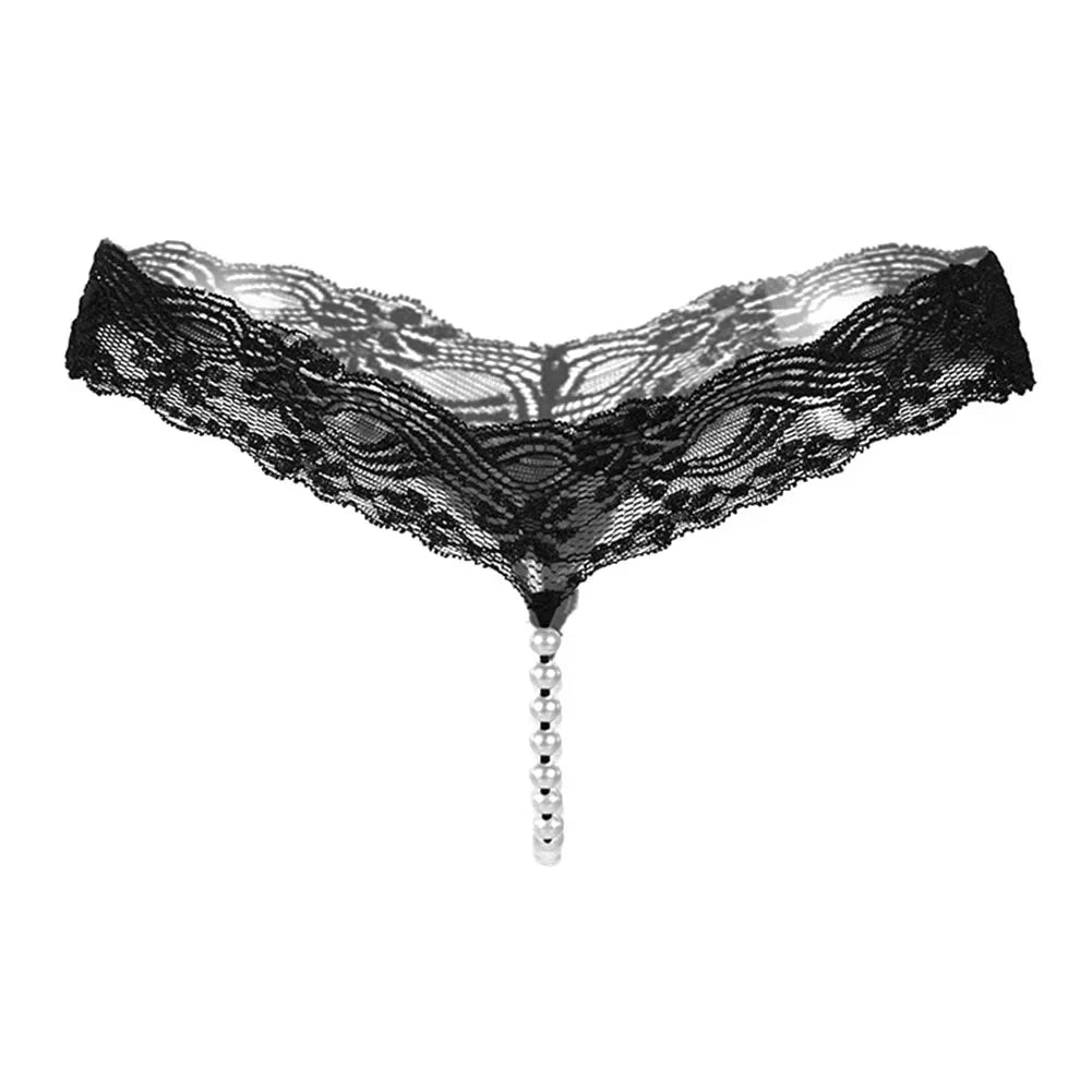 Women's G-String T-Back Thong Lingerie with Pearl Crotch Massage Panties, Sexy Lace Transparent Underwear, Enhanced T-Back String