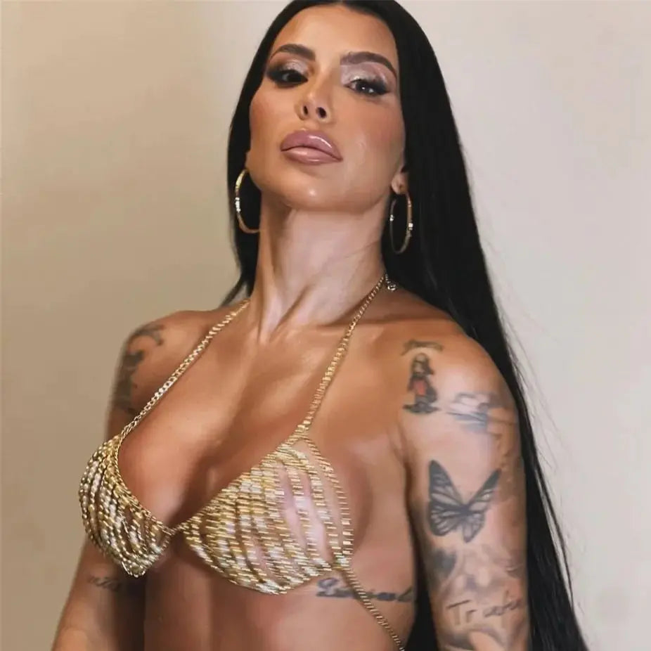 New Punk-Style Pearl Halter Top With Adjustable Bra Chain Layered Top. Niche Design Y2k Millennial Hot Girl Beaded Body Chain