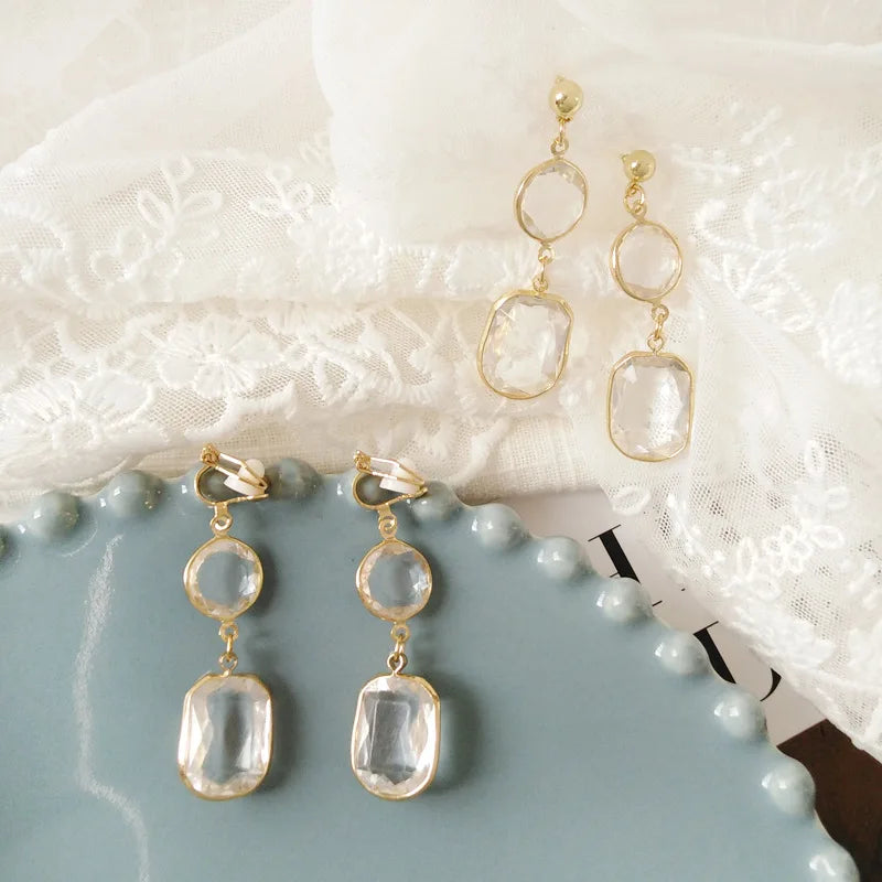 French Women Elegant Transparent Round and Square Crystals Resin Geometric Clip Earrings No pierced ear clip boucle d'oreille