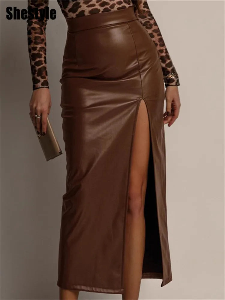 Shestyle High Slit PU Leather Office Lady High Waist Zipper Fly Long Elegant Straight Solid Sexy 2025 Women Bottom Clothing