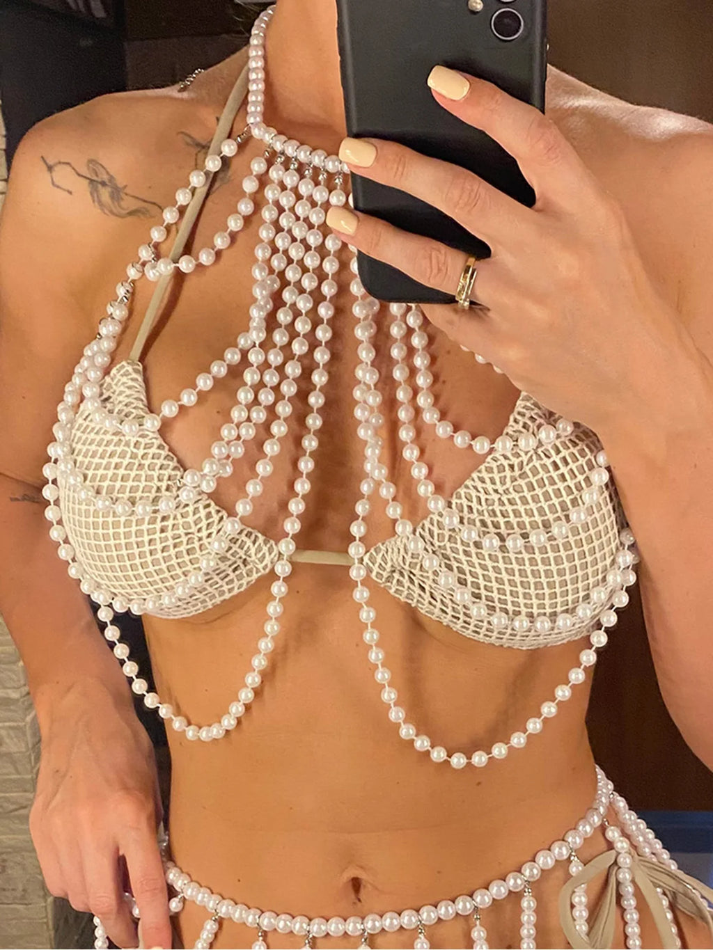 Luxury Pearls Halter See Through Bikini Top Female Swimsuit Women Swimwear Bather Bathing Suit Swim Hollow Out Beach Top V5407