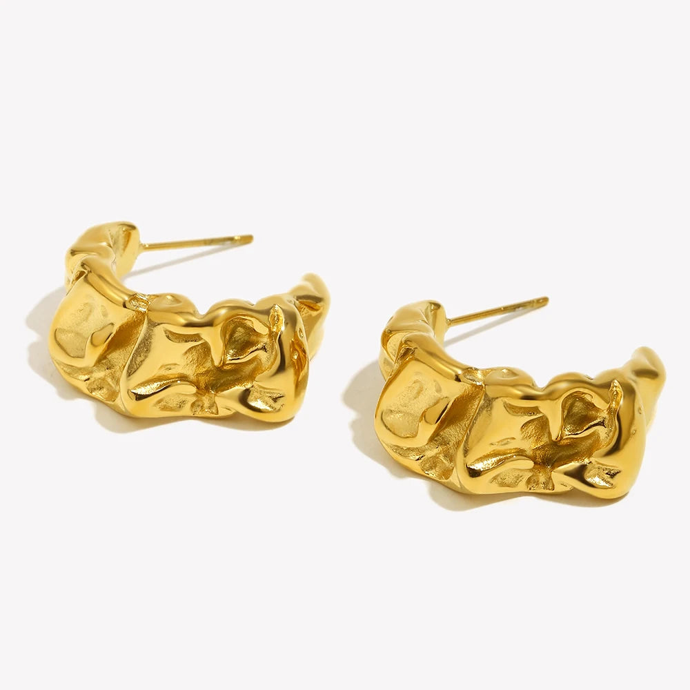 E.B.belle Casting Mould Irregular Wrinkle C Shaped Gold Plated Hoop Earrings For Women Stainless Steel Earrings
