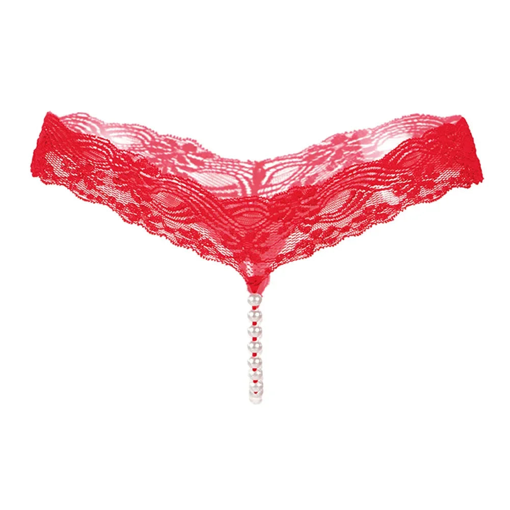 Women's G-String T-Back Thong Lingerie with Pearl Crotch Massage Panties, Sexy Lace Transparent Underwear, Enhanced T-Back String