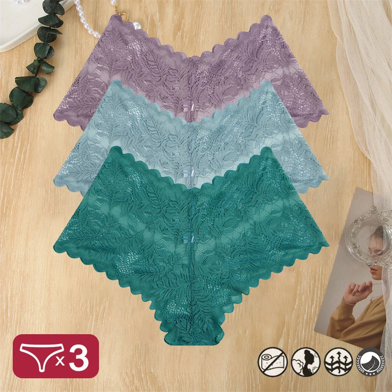 3PCS Women Sexy Lace Panties Floral Perspective Uderwear Solid Color Intimates Boyshort Female V-Waist Breathablle Soft Lingerie