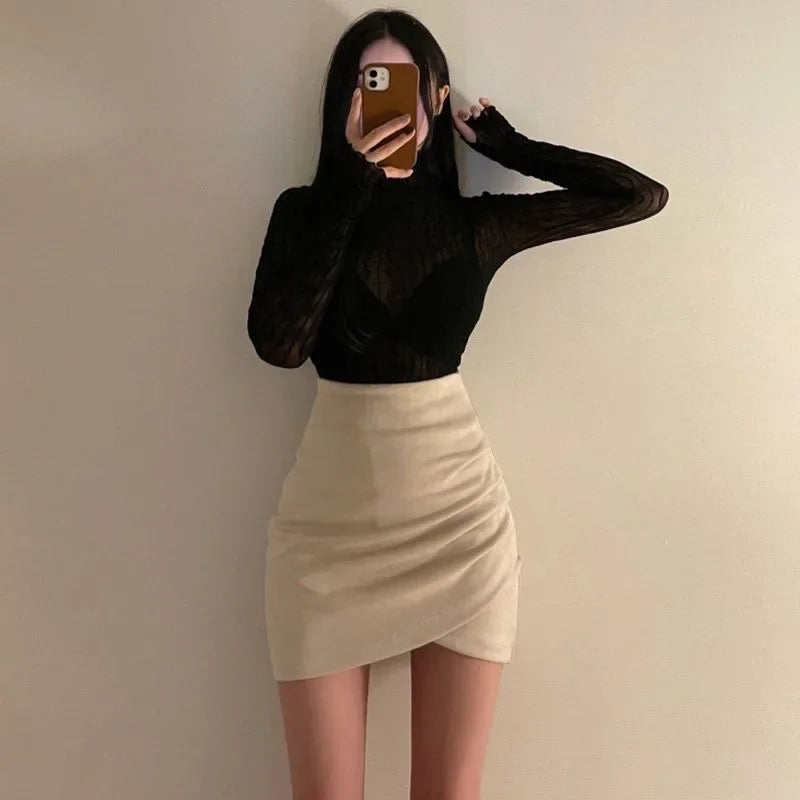 Women's Suede Mini Skirt High Waist Tight Fit Elastic Asymmetrical Short Skirts Autumn Winter New Style Bodycon Skirts