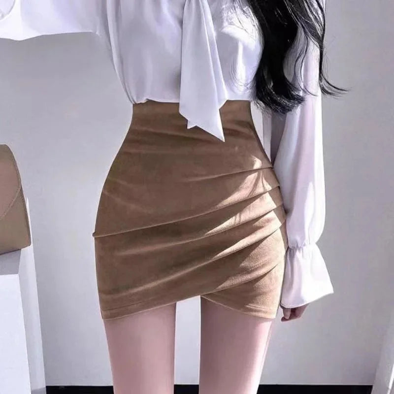 Women's Suede Mini Skirt High Waist Tight Fit Elastic Asymmetrical Short Skirts Autumn Winter New Style Bodycon Skirts