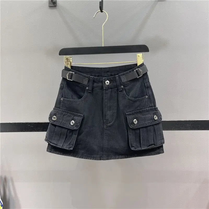 Women's Low Waist Button Bodycon Mini Cargo Denim Skirt with Pocket Summer New Anti-light A-word Hip Skirt