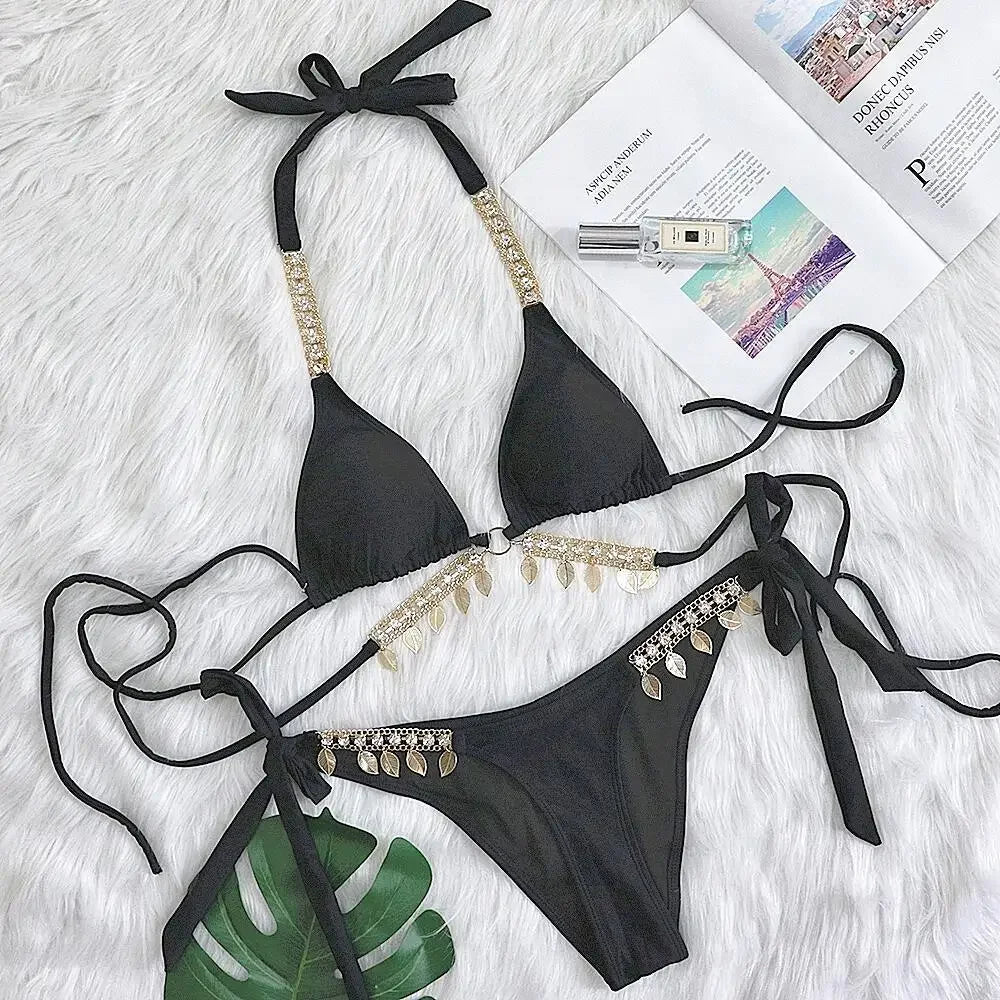 Bikini 2025 Sexy Rhinestone Leaf Pendant Metal Chain Solid Swimwear Swimsuit Women Bikinis Set Bathing Suit Beach Bikini Female