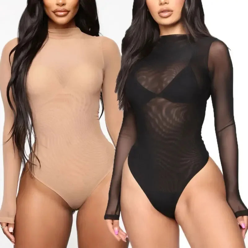 Sexy Mesh See-Through Bodysuit Women Long Sleeve Sheer Bodysuits High Neck Bodycon Jumpsuit See-Through Romper