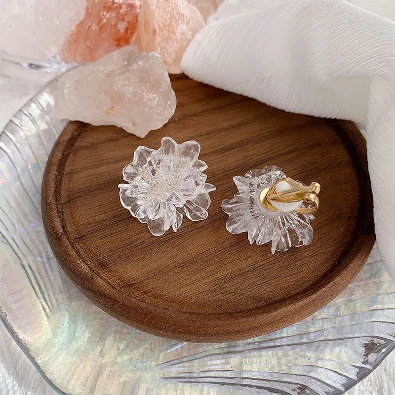 French Women Elegant Transparent Round and Square Crystals Resin Geometric Clip Earrings No pierced ear clip boucle d'oreille