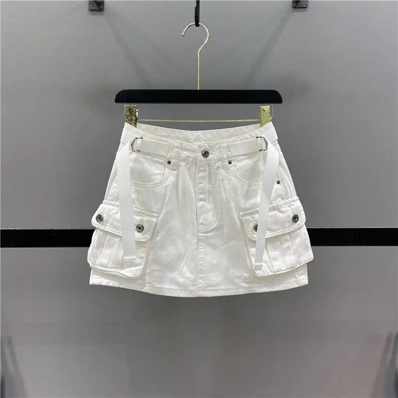 Women's Low Waist Button Bodycon Mini Cargo Denim Skirt with Pocket Summer New Anti-light A-line Hip Skirt