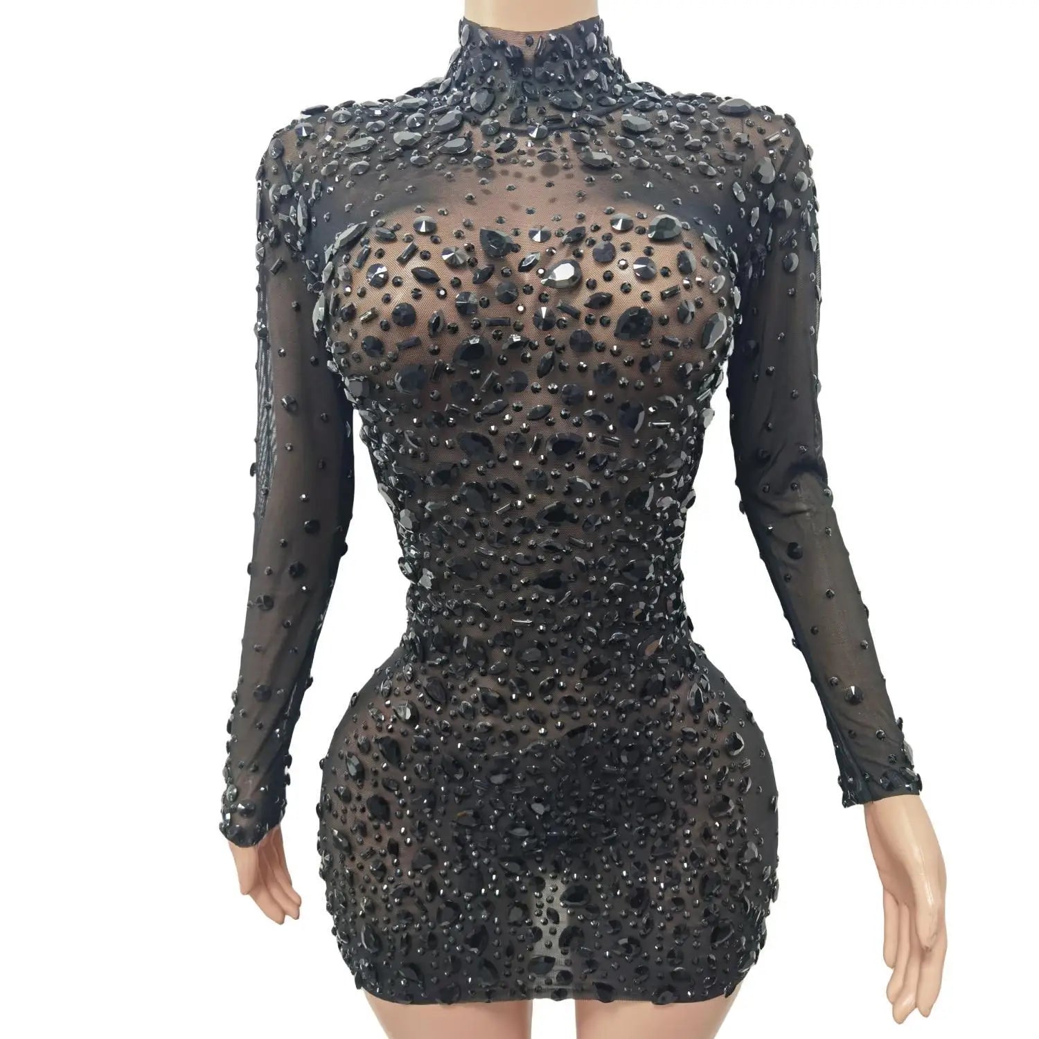 Women's Sexy Black Rhinestone Mini Dresses Evening Birthday Party Celebrate Prom Gown Crystal Short Dress Singer Dress Cuixing