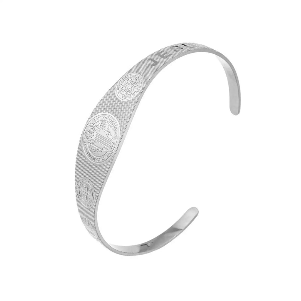 Saint Benedict Bracelet Open Bangle for Women Men Protection Blessing Stainless Steel Jewelry Gifts