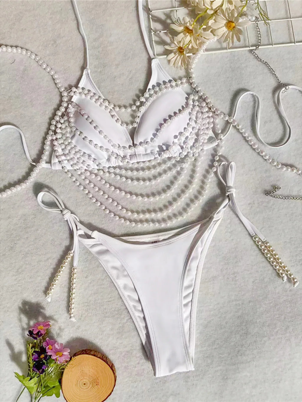 With Pearls Chains Halter High Cut Bikini Female Swimsuit Women Swimwear Three-Piece Bikini Set Bather Bathing Suit Swim K5532