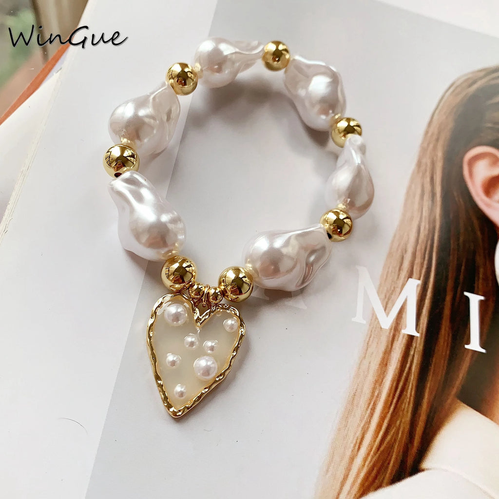 1 Pcs Baroque Imitation Pearl Bead Bracelet Women's Jewelry 18K Gold Plated Elastic Bracelet