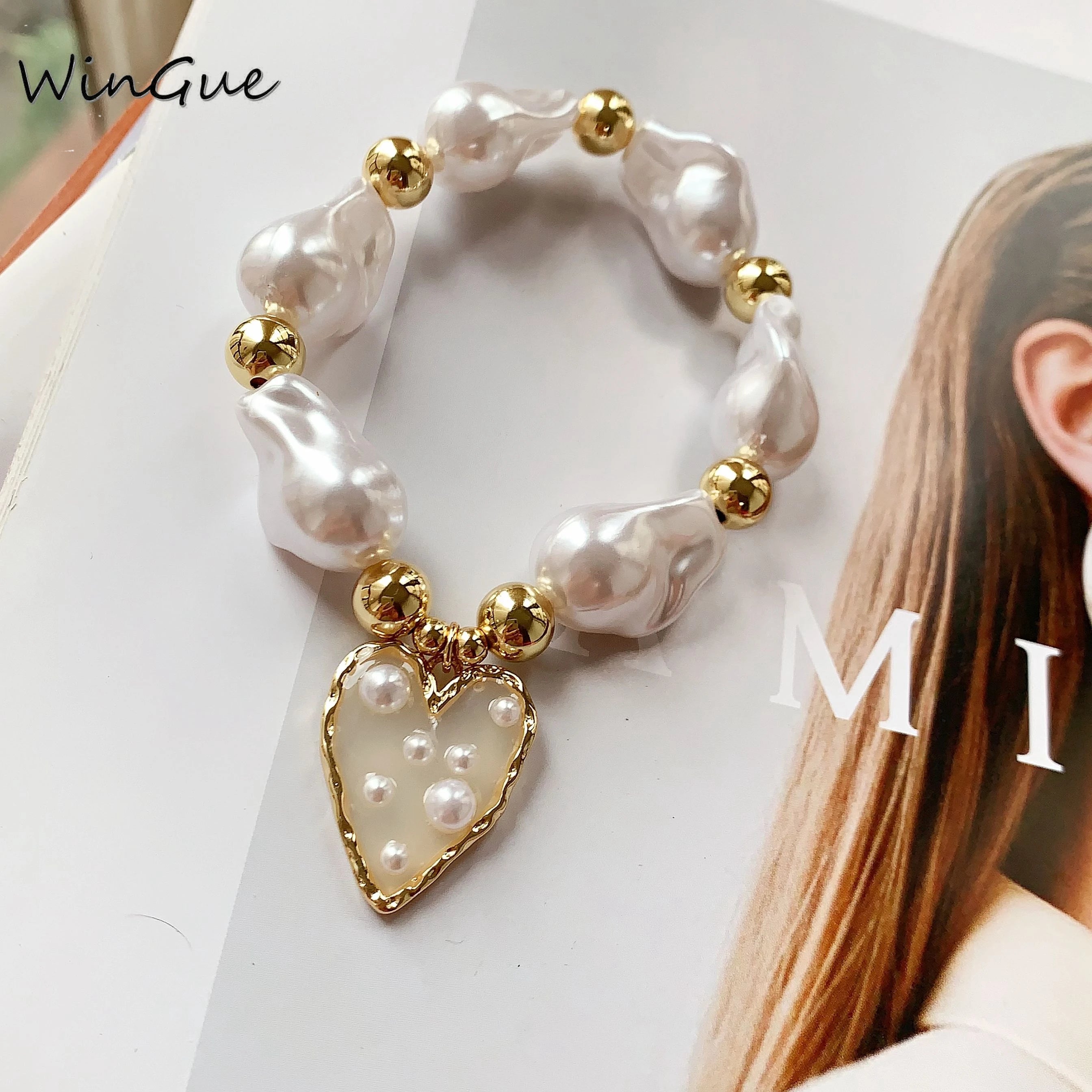 1 Pcs Baroque Imitation Pearl Bead Bracelet Women's Jewelry 18K Gold Plated Elastic Bracelet