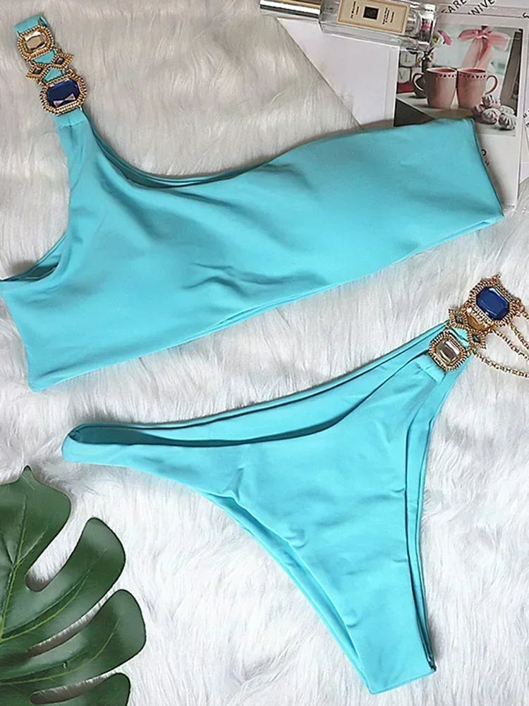 Halter Rhinestone Diamond Bikini Women Swimsuit Female Bikinis Metal Chain Swimwear Two Pieces Bikini Set Bathing Suit Swim Lady