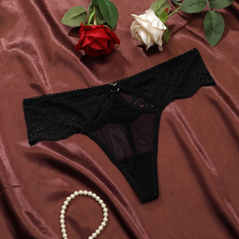 Sexy Women Flower Embroidery Open Hole Thong Transparent Lace-Trim Underwear Low Waist Perspective Women's Panties