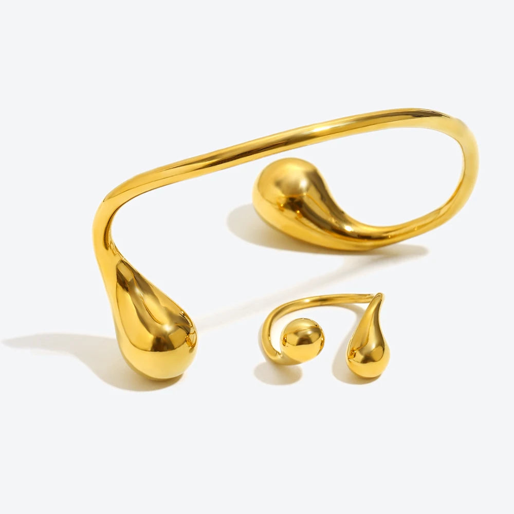 E. B. Belle Fashion Bracelet Stainless Steel Double Droplet Head Open Bracelet Ring PVD Plated Jewelry Gift