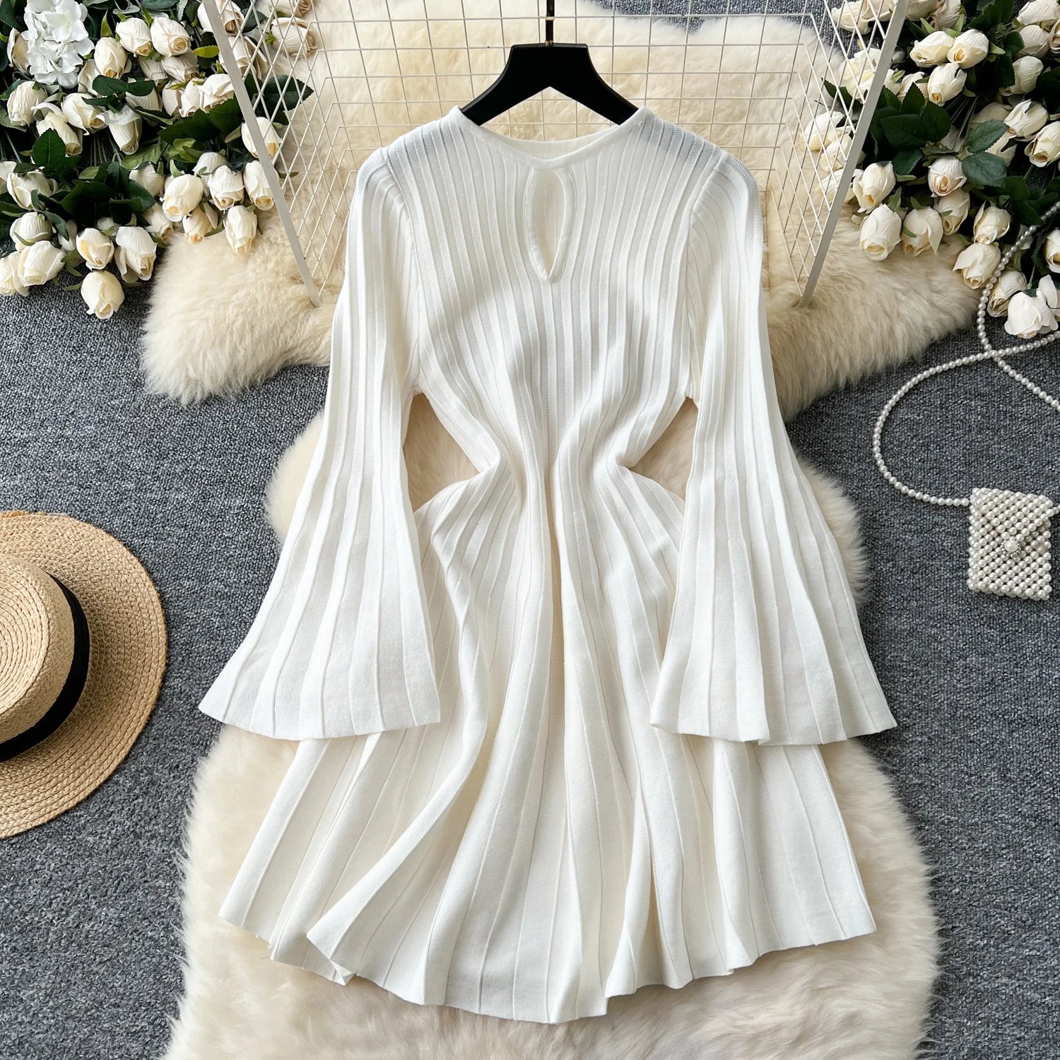 Ele Knitted Dr Hollow out round Ne Bell Sve A-Line Sweater Dr High Waist Slimming Midi Dr Autumn Faion