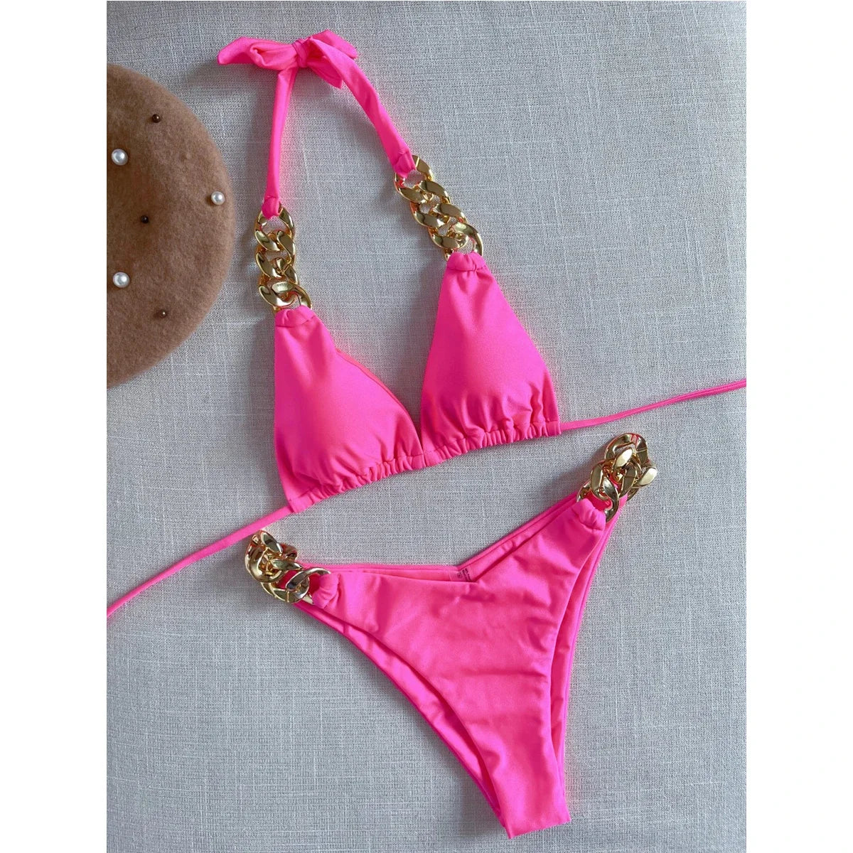 2025 Solid Color Swimsuit Women Two Piece Chain Bikini Sexy V-neck Halter Lace-up Swimwear Low Waist Thong Beach Bathing Suit