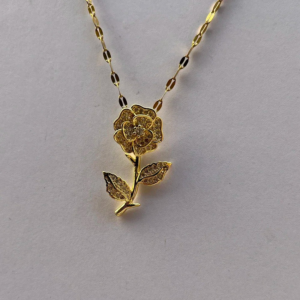 Collier Femme Stainless Steel Long Chain Collier Crystal Rose Flower Statement Necklace Women Jewelry Maxi Choker