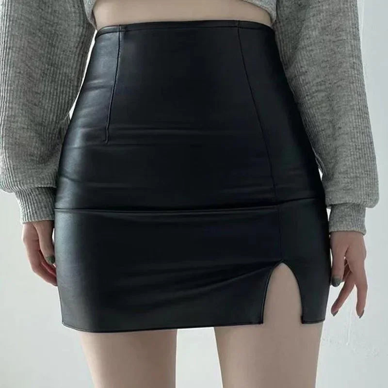 Smvp Balck PU Leather Mini Skirt Women Sexy Skinny High Waist Side Split Hip Skirts Autumn New Korean Office Lady Short Skirt