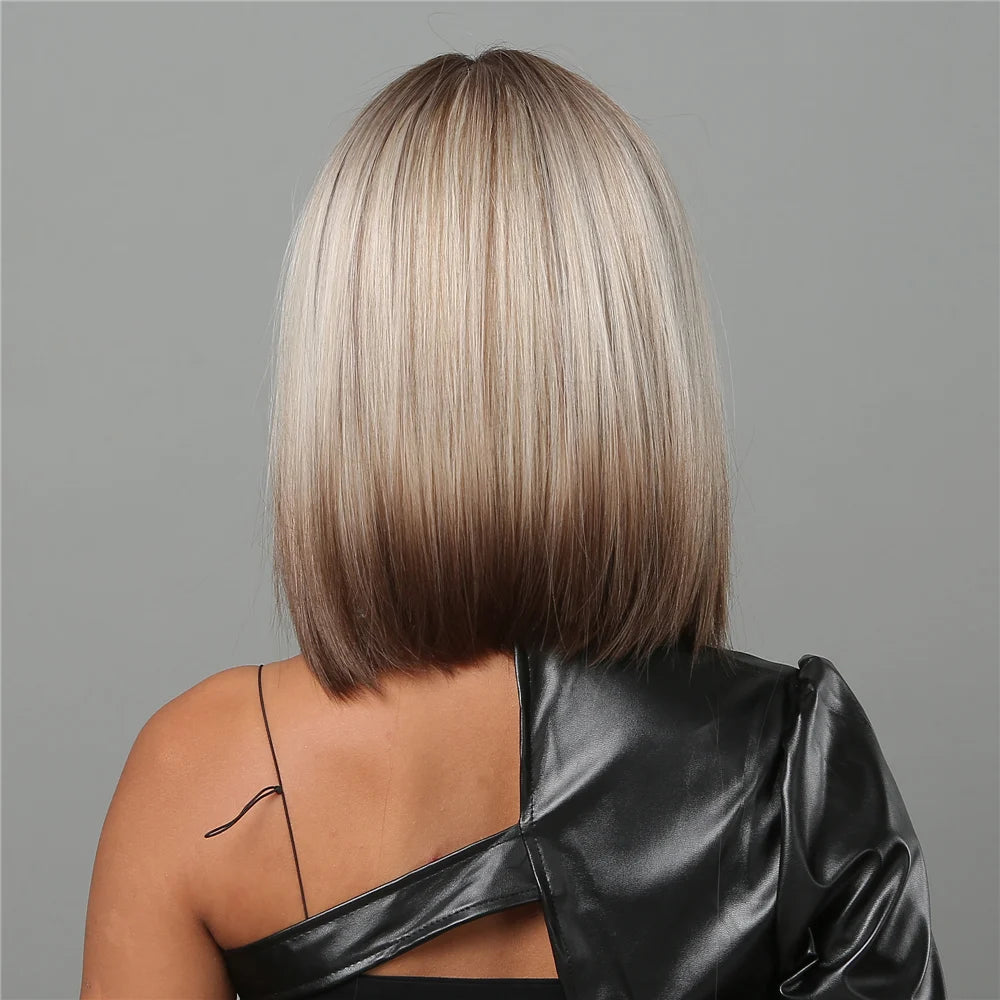 Short Ombre Blonde to Brown Straight Synthetic Wigs with Bangs Cosplay Party Women Bob Hair Wig Natural Heat Resistant Fiber