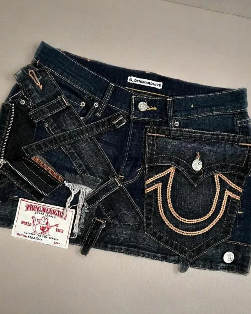 Gothic Punk High Waisted Short Skirt Hip Hop Rock Embroidered Patch Denim Skirt Fashionable Spicy Girl Ultra Short Denim Skirt