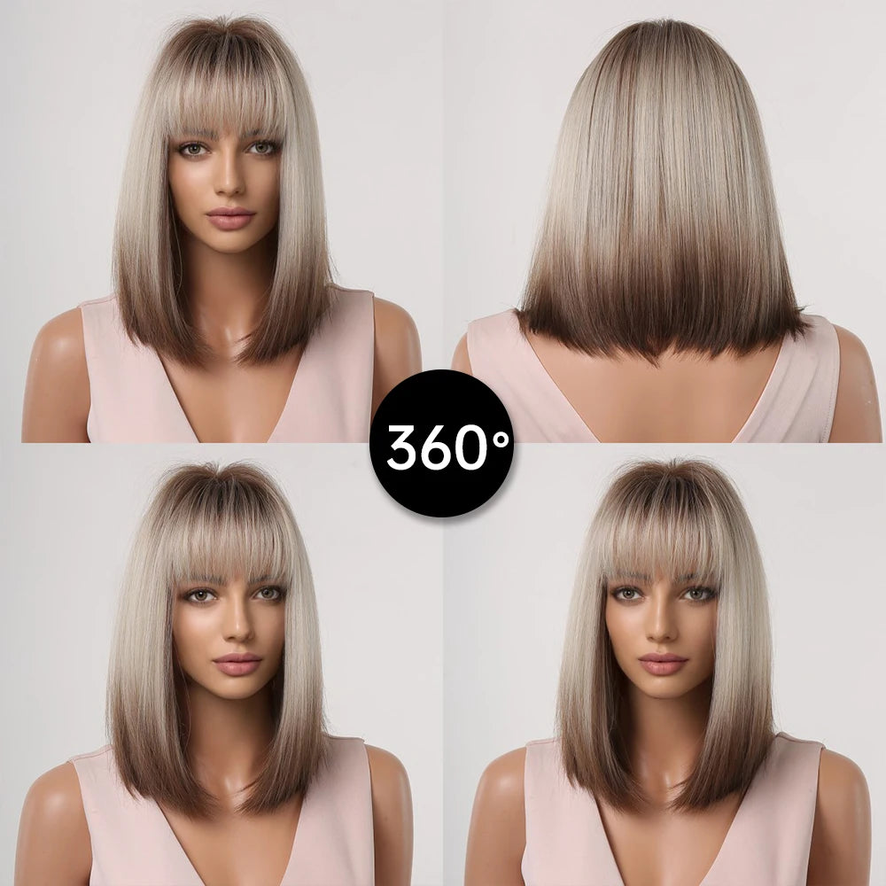 Short Ombre Blonde to Brown Straight Synthetic Wigs with Bangs Cosplay Party Women Bob Hair Wig Natural Heat Resistant Fiber