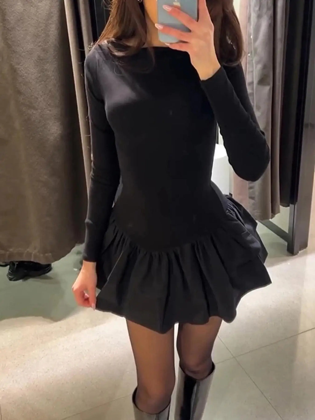 Women's Fashion Solid Tiered Ruffle A-Line Dress, Spring Elegant O-Neck Slim Fit Mini Dress, Autumn Long Sleeve Simple Boho Dresses
